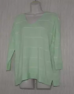 NWT Kinross Cashmere Green White Striped V Neck Sweater Pullover Size:M - Picture 1 of 3