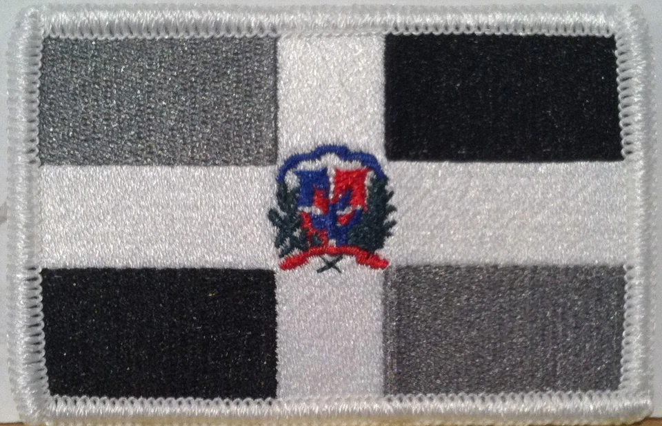 DOMINICAN REPUBLIC FLAG PATCH With  Hook Adhesive Fastener GRAY & BLACK  - Image 1 of 1