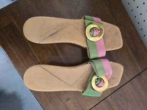 Kate Spade Brown Leather / Wooden Sandal Wedges 9M Brass Accent - Imagen 1 de 6