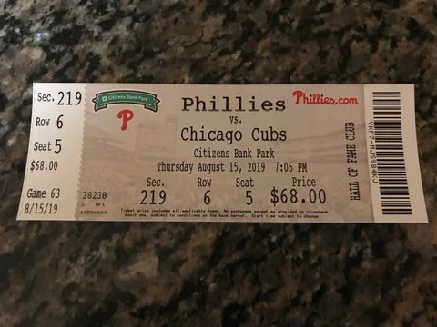 PHILADELPHIA PHILLIES FULL TICKET STUB 8/15/2019 BRYCE HARPER GW GRAND SLAM HR Cover