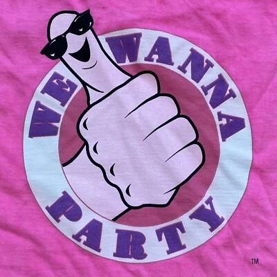 Camiseta vintage 1988 We Wanna Party ~ Thumbs Up ~ doble cara rosa neón XL ~ NUEVA CON ETIQUETAS Foto 1 de 4