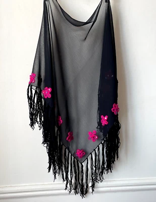Superbe Châle Triangulaire Noir transparent Fleur Crochet Rose vif sequin Neuf ! - Photo 1/4