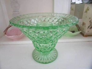 LARGE FLARED CROWN CRYSTAL GREEN DEPRESSION GLASS VASE WITH FLOWER FROG INSERT - Picture 1 of 11
