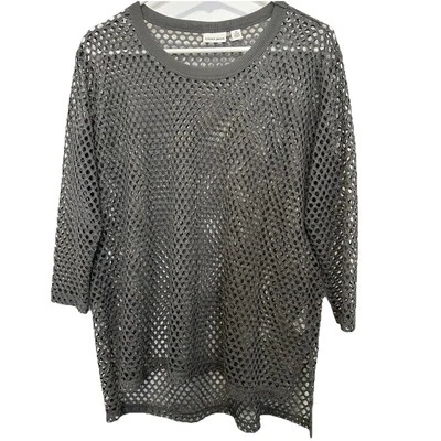 Camisa túnica transparente elástica manga 3/4 gris mediana de malla de jeans tribales para mujer Foto 1 de 4