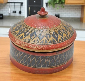 Antique Wooden Lacquerware Round Box Original Old Hand Carved - Picture 1 of 6