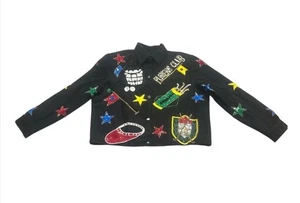 Modi Denim Jacket Women’s Large Black Sequin Players Club Golf Embroidered Stars - Picture 1 of 5