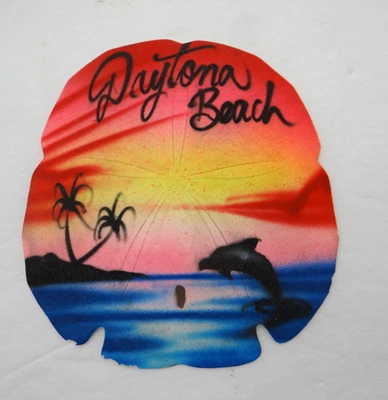 Daytona Beach Sand Dollar Hand Painted Beach Ocean Palm Trees Sunset - Image 1 of 4
