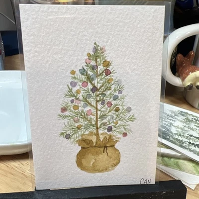 Pintura Original ACEO/ATC Árbol de Navidad Plantable Acuarela 2.5 x 3.5", Foto 1 de 2