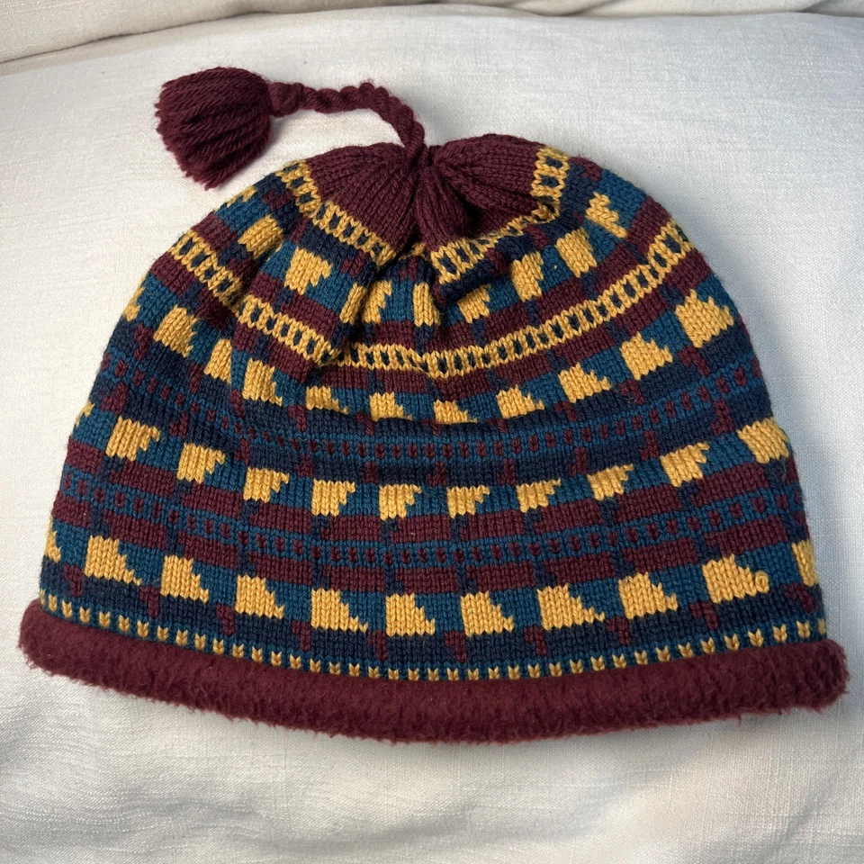 Gorro de piel de tortuga vintage de lana y borla acrílica hecho en EE. UU. azul rojo amarillo Foto 1 de 4