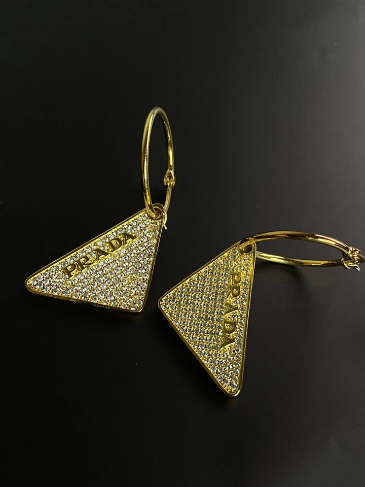 Prada Gold Pave Sparkling Crystal Triangle Hoop Earrings - Image 1 of 4