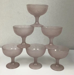 Vintage Pink Frosted Glass Sundae Dishes Pedestal Bowls Set of 6 French - Picture 1 of 8