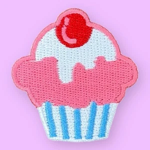 CUTE PINK CUPCAKE CHERRY DESSERT FOOD  IRON ON PATCH 2.0" X 1.75" - Picture 1 of 3
