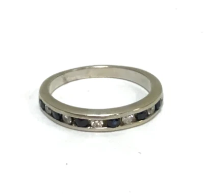 (MA3) Anillo banda diamantes zafiro natural de 3,6 g de oro blanco de 14 k para dama - talla 8 Foto 1 de 4