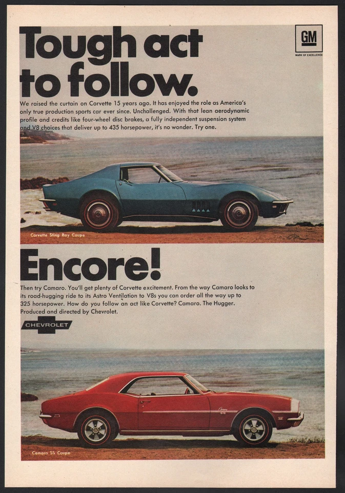 Chevrolet 1968 anuncio azul Corvette Sting Ray y rojo Camaro SS Foto 1 de 1