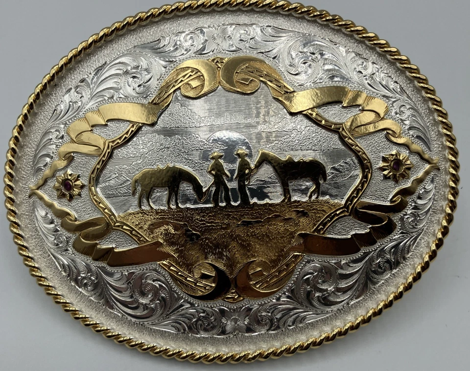 Montana Silversmiths Rosebud Legacy Buckle with Cowboys & Horses - Image 1 of 4