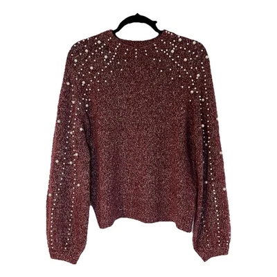 Blank NYC Pearl Embellished Sweater Beaded Cozy Knit Fall Size Large Maroon - Image 1 of 4