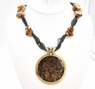 Collar gargantilla colgante cordón negro envuelto con cuentas ámbar latón envejecido Chico's de 17" Foto 1 de 4