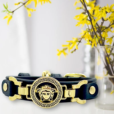 Collar de perro Medusa de cuero hecho a mano PupWiser VERNEN (negro) Foto 1 de 4