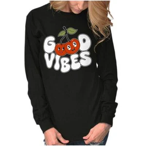 Cute Retro Good Vibes Happy Kawaii Cherries Long Sleeve T Shirt Tees For Women - Picture 1 of 7