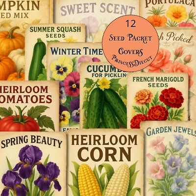 PRINCESSDIECUT Junk Journal Supplies 12 Seed Packet Covers, Stuffer Cards, Scrapbooking