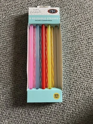 8 x Reusable Straws Multicolour With Cleaning Brush Plastic Straws 8 Pack  - Image 1 of 4