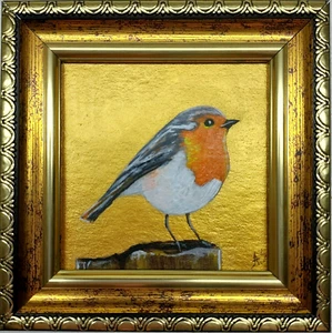 Bird Robin Painting Original Gold Framed Bird on Branch Artwork Small Bird Art - Picture 1 of 9