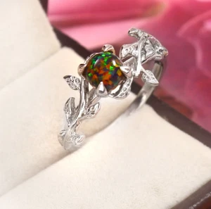 Fire Black Opal Ring, 925 Silver Sterling Leaf Design Ring Birthstone Ring, - Picture 1 of 3