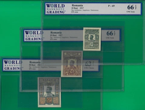 Romania 10-50 bani 1917, P69-71, w/ the first two well centered GEM WBG *66* TOP Cover