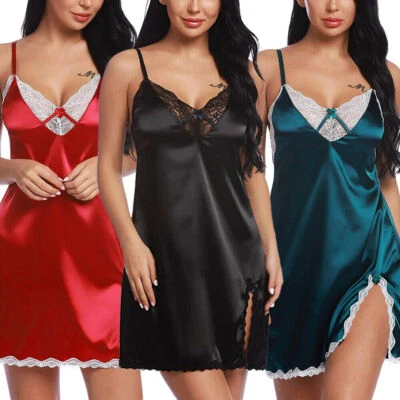 Lencería sexy de encaje para mujer Babydoll satinado quimise camisón cuello en V ropa para dormir EE. UU. Foto 1 de 4