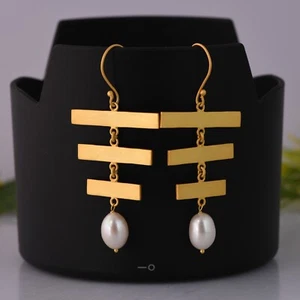 Bar Dangle Earrings Yellow Gold Plated Multi Rectangle Shape Pearl Brass Earring - Picture 1 of 7