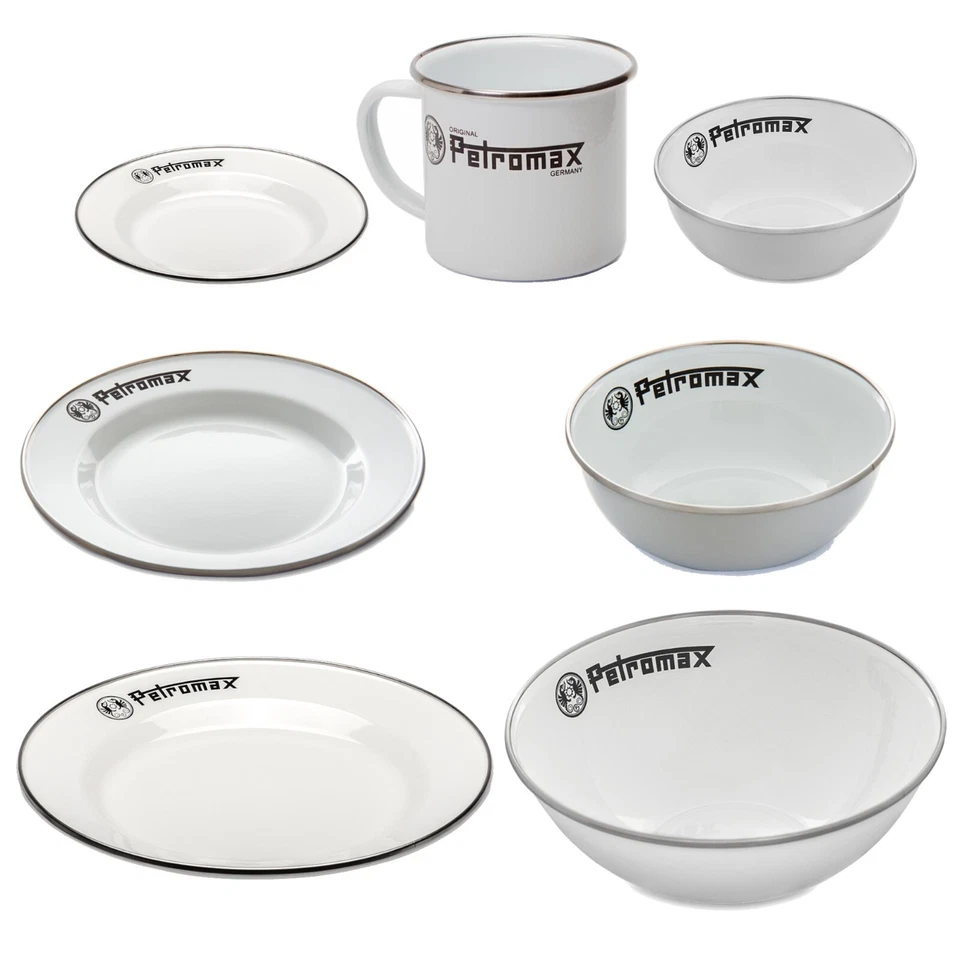 Emaille Campinggeschirr Petromax weiß Becher Teller Schale Outdoor Kochen - Bild 1 von 1