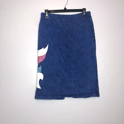Vintage 80s Skirt Handmade Blue Acid Wash Faux Leather Flames Pull On Size Small - Image 1 of 4