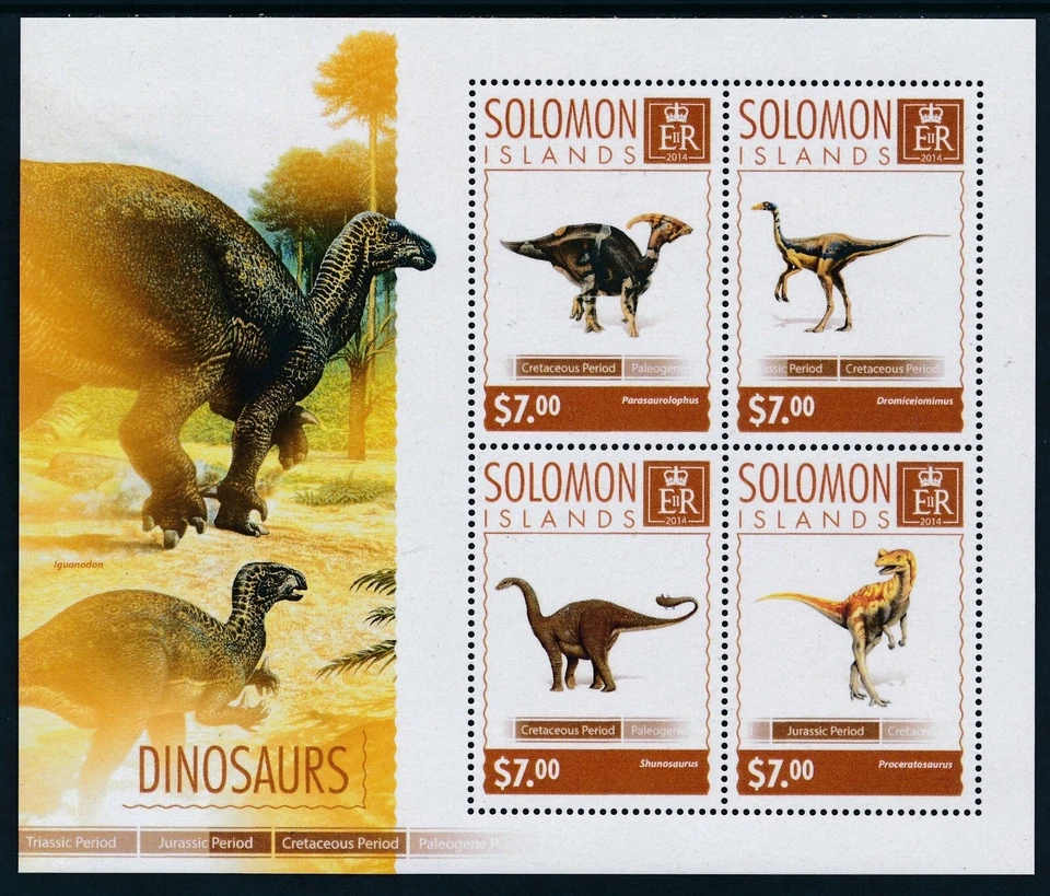 2014 SOLOMON ISLANDS DINOSAURS MINI SHEET (4 STAMP) FINE MINT MNH - Изображение 1 из 1