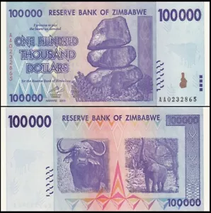 ZIMBABWE 100,000 DOLLAR 2008 UNC AA,WATER BUFFALO AND TRUMPETING AFRICAN ELEPHAN - Picture 1 of 1