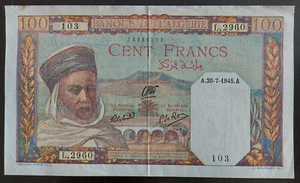 1945 French ALGERIA Vintage 100 Francs P-85 Note CRISP XF-AU w/Embossing! WWII - Picture 1 of 2