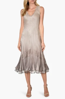 NUEVO, Vestido Komarov con Cuentas Charmeuse y Gasa en Niveles Talla L #MD044 Foto 1 de 4