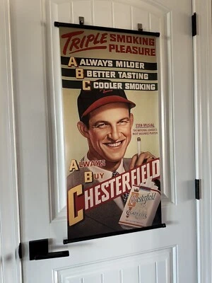 Cartel banner anuncio de cigarrillos Stan Musial Chesterfield 17x 34 pergamino Foto 1 de 2
