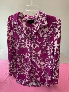 Banana Republic Purple White Floral Blouse SZ M Quarter Sleeve Sheer Button Back - Picture 1 of 20