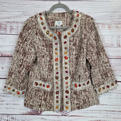 Just B Linen Fringe Blazer L Bohemian Jewel Beaded Mesh Lace Snap Closure Jacket - Image 1 of 4