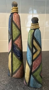 South African Faux Raku Sgraffito Pottery Sculpture Pair 11” and 8.75" Figurine - Picture 1 of 6