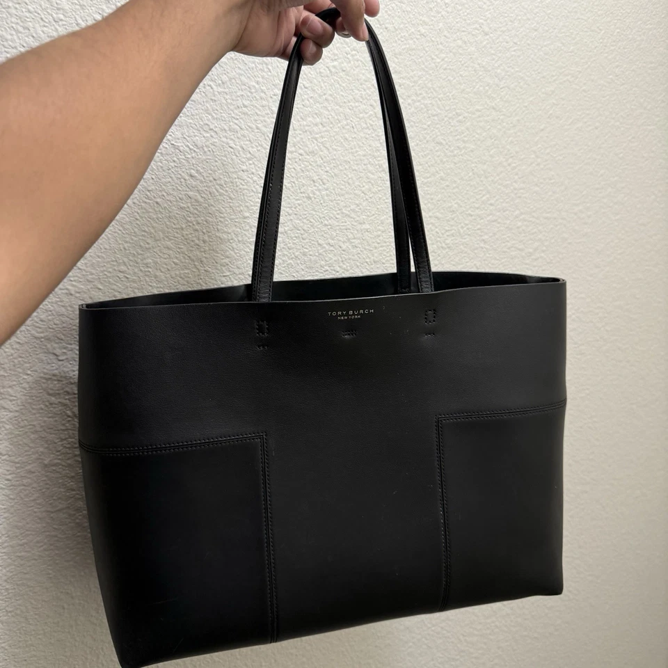 Tory Burch Block-T Black Leather Tote Purse Bag Gold Hardware - Image 1 of 4
