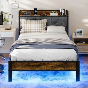 Twin Bed Frame with Smart LED Lights, Storage Headboard and USB Charging Station - Picture 1 of 12