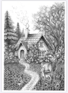 Hand Drawn Little Cottage In The Woods Black & White Sketch Printed On Card A4 - Picture 1 of 9