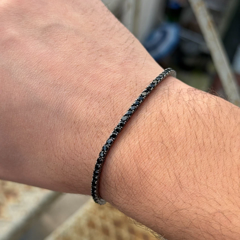 Silver Black Zircon Gemstone Tennis Unisex Black Stone Bracelet - Image 1 of 4