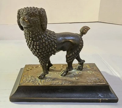 ANTIGUA ESTATUA CANICHE PERRO BRONCE ERA REGENCIA FRANCESA SIGLO XVIII ESCULTURA BASE DORADA Foto 1 de 4