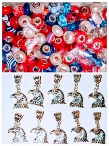 175 Glass & Resin Beads & 24 Alloy Eagle Charms Red White Blue Jewelry Patriotic - Picture 1 of 7