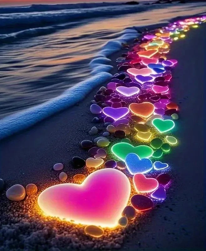 5D алмазная картина светящиеся сердца на пляже полная круглая дрель 30 см x 30 см - Изображение 1 из 1