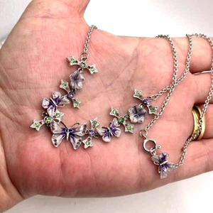 Enamel butterfly charm necklace silver tone metal 44cm sparkly costume jewellery - Picture 1 of 12