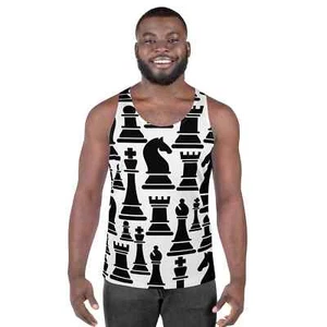 Camiseta sin mangas de ajuste elástico para hombre - estampado de ajedrez blanco y negro - Imagen 1 de 9