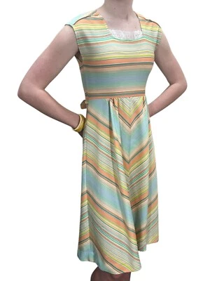 Vtg 70s Sz XS~S Chevron Dress Stripe Pastel Knit Sundress Eyelet Lace Tie Back - Image 1 of 4